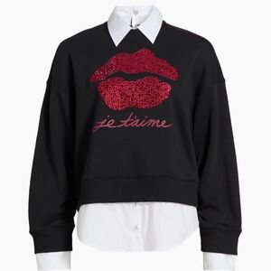Cinq à Sept Black Sweatshirt with Pink Lip Design